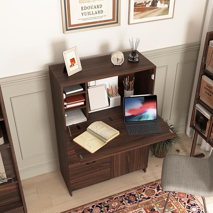 Foldable Desk Cabinet with Storage Drawers & Shelves, Multi-Functional Space-Saving Organizer for Home/Office/Dorm