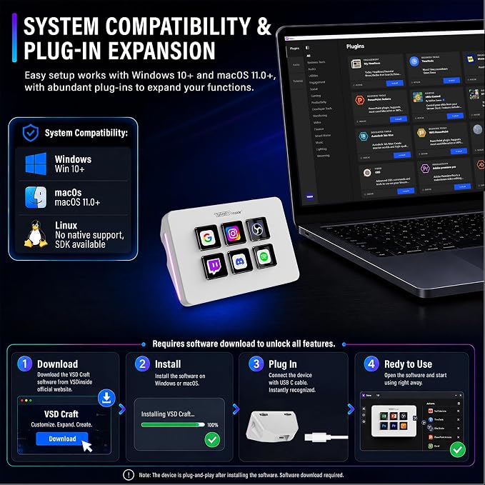 Mini Stream Controller Deck, Gaming Streaming Macro Pad Keypad, Shortcut Keyboard with 6 Programmable LCD Keys, Customizable Icons & RGB Light, USB Soundboard for Video Editing, OBS, PC, Mac