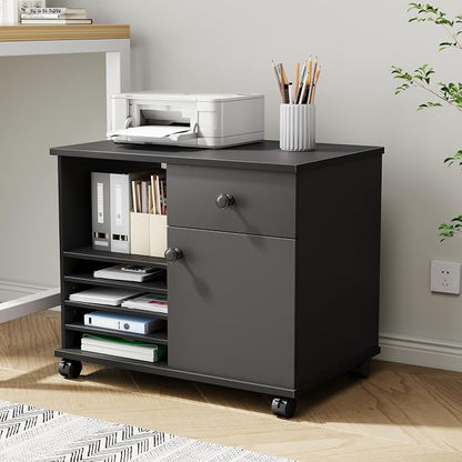 Quikraen Wooden Rolling File Cabinet Black | Mobile Lateral Office Filing Cabinets with Doors Under Desk Cabinet for Office Supplies