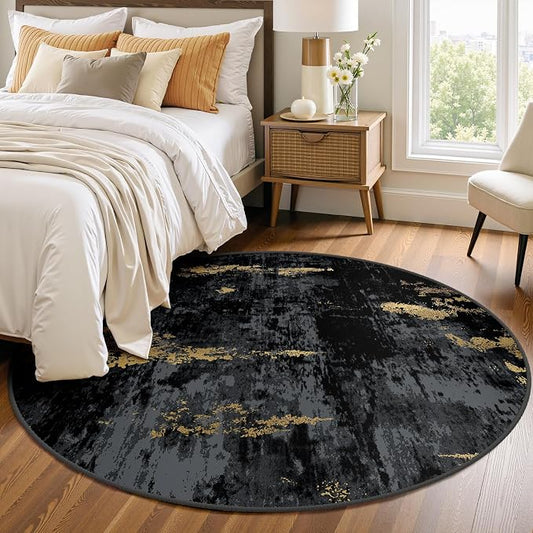 RELEANY Washable Area Rugs 4ft Non-Slip Modern Abstract Soft for Living Room Entryway Bedroom Kitchen, Print Pattern, Dark Black Gold