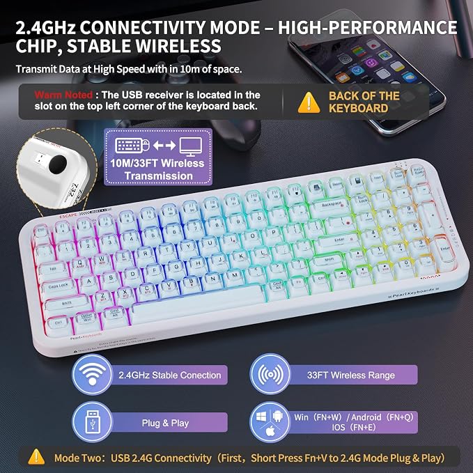 FOPETT Wireless Computer Keyboard with RGB Backlit, Tri-Mode Bluetooth 5.0/USB-C/2.4GHz Gaming Keyboard, Full Size Layout, Ergonomic Curved Design for Windows Mac PC Gamers & Office-White