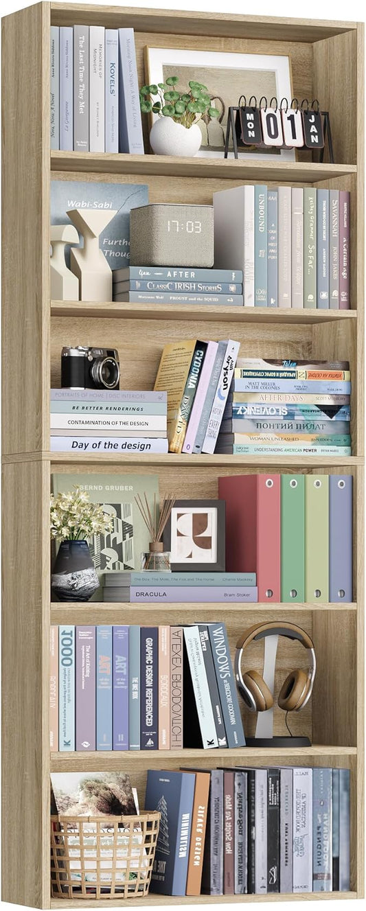 FOTOSOK 6-Tier Open Bookcase and Bookshelf, Freestanding Display Storage Shelves Tall Bookcase for Bedroom, Living Room and Office, Light Oak