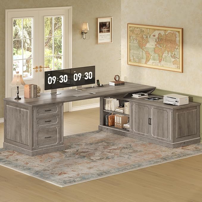 SEDETA Farmhouse L Shaped Desk with Drawers, 70.9" Home Office Desk with Storage Cabinet and Storage Shelves, L Shaped Computer Desk with Power Outlet，Gray