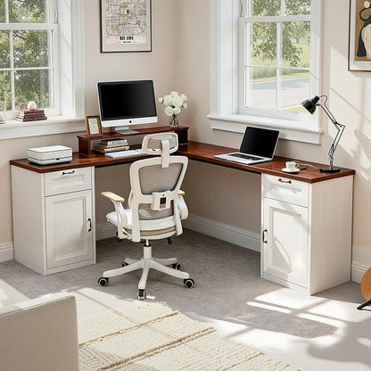 HUAHUU 78" Farmhouse L Shaped Executive Desk with Drawers, Modern Computer Desk with Power Outlets, Office Writing Desk with Monitor Stand & Storage Cabinet, Printer Shelf, Antique White