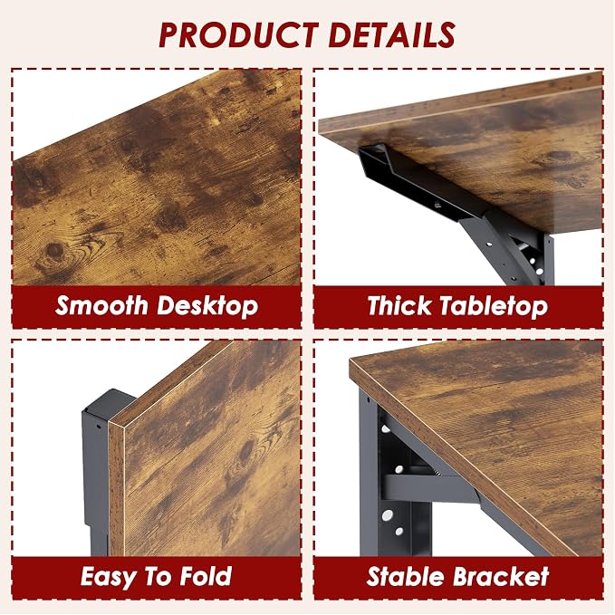 Need Wall Mounted Desk - Heavy Duty Folding Work Table Length 36" Width 20"/Small Space Hanging Desk Perfect Addition to Home/Office/Kitchen & Dining Room Rustic Brown AC15-9050FG-ND