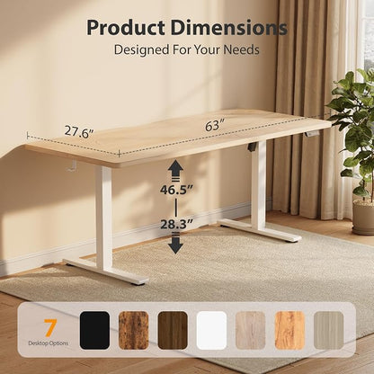 Cubiker Standing Desk, 63x28 Inches Sit Stand Home Office Desk, Electric Stand up Desk, Adjustable Desk with Splice Board, White Frame/Maple Top