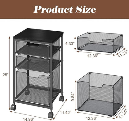 Sbanmao Rolling File Cart with 3 Drawers, Filing Cabinet, Hanging Folder Holder Organizer with Wheels, Under Desk Storage Utility Cart, File Cabinet Printer Stand for Home Office, Black