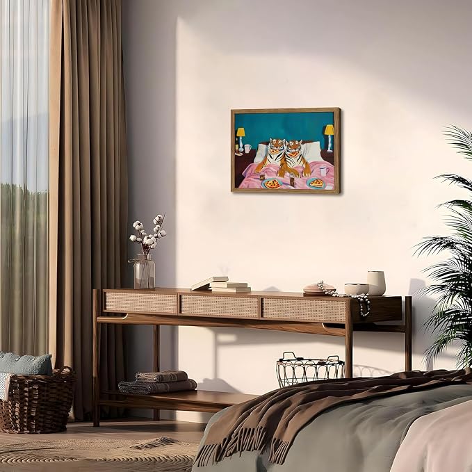 Framed Tiger Pizza Wall Art, Dopamine Wall Decor Canvas Print, Vintage Fun Tiger Eating Pizza in Bed Poster, Abstract Animal Picture Painting Art for Bedroom Living Room Home Decor 12x16 inch