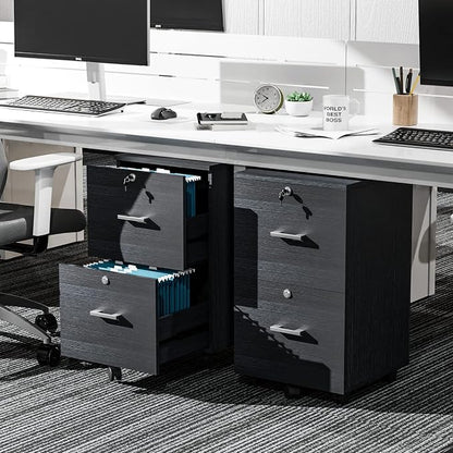 VINGLI 2-Drawer File Cabinet with Lock, Small Rolling Wood Filing Cabinet for Hanging Letter Size Filings with Tabs, Mobile Under Desk File Organizer for Home Office, Classic Black, 27.2" H
