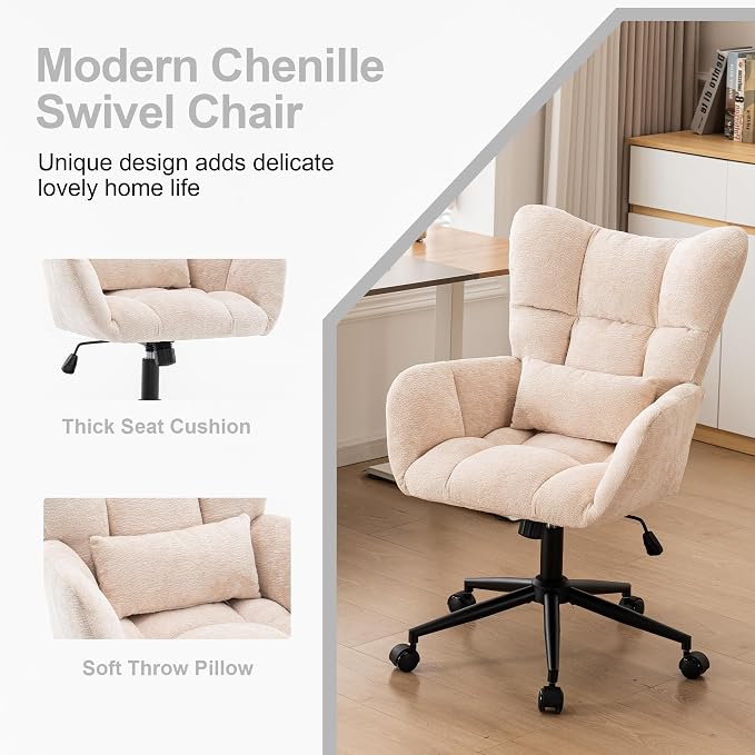 Home Office Desk Chair, Modern Tufted Chenille Vanity Chair, Adjustable Upholstered Swivel Computer Chairs for Bedroom, Living Room, Beige