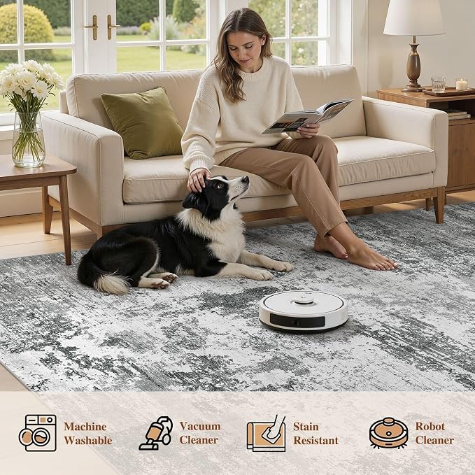 UERMEI 10x12 Area Rug for Living Room - Washable Neutral Modern Abstract Carpet, Non-Slip Soft Large Indoor Floor Rugs for Bedroom Home Office & Under Dining Table Decor, Grey Black