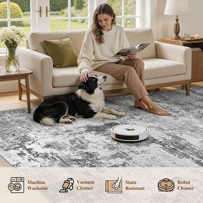 UERMEI 10x12 Area Rug for Living Room - Washable Neutral Modern Abstract Carpet, Non-Slip Soft Large Indoor Floor Rugs for Bedroom Home Office & Under Dining Table Decor, Grey Black