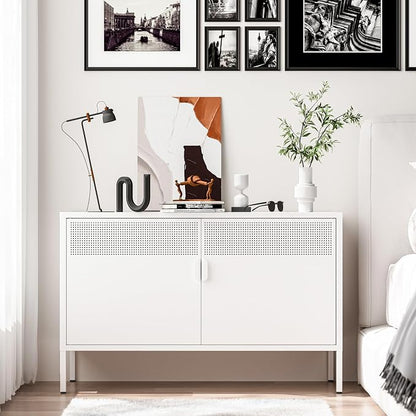 Washsemba 2 Door Storage Sideboard, Metal Storage Cabinet with 2 Adjustable Shelf,Multipurpose Metal Accent Cabinet for Office Home,Music Studio (White, 25''H)