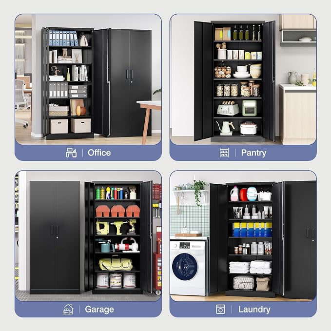 72" Tall Metal Storage Cabinet with Lock, Garage Cabinet with 2 Locking Doors and 5 Adjustable Shelves,Steel Locking Cabinets for Garage,Home Office,Kitchen,School,Warehouse(Black)