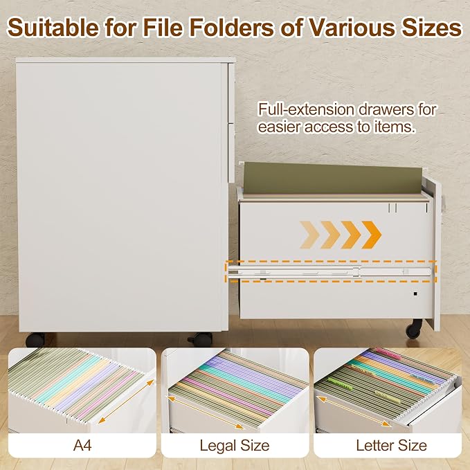 3 Drawers File Cabinet with 3 Lock, Mobile Metal Filing Cabinet, Fully Assembled Except Casters, for Home Office, for A4, Letter, Legal File Folders, White