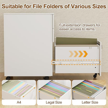 3 Drawers File Cabinet with 3 Lock, Mobile Metal Filing Cabinet, Fully Assembled Except Casters, for Home Office, for A4, Letter, Legal File Folders, White