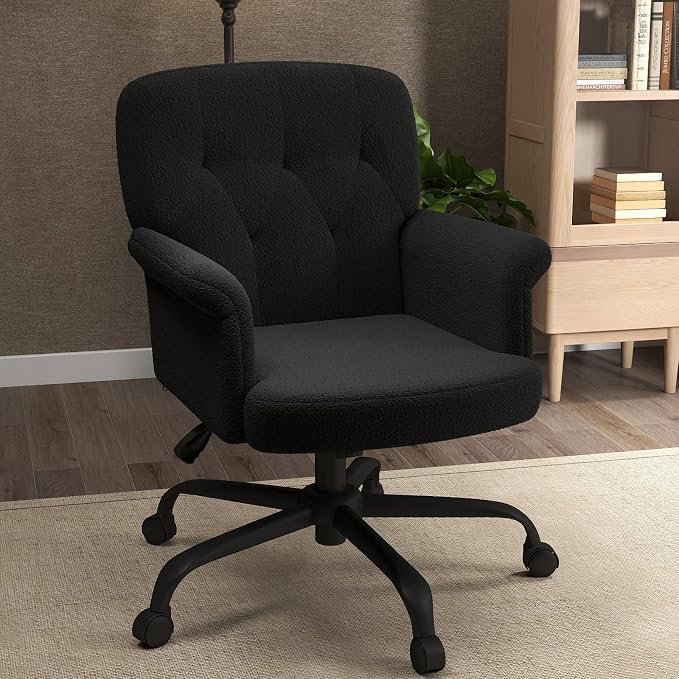 Comfy Home Office Desk Chair, Upholstered Fuzzy Vanity Chair with Wheels and Arms, Modern Adjustable Swivel Computer Seat for Living Room, Bedroom, Make Up, Home Office, Teddy Fleece, Black