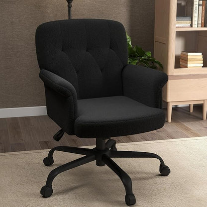 Comfy Home Office Desk Chair, Upholstered Fuzzy Vanity Chair with Wheels and Arms, Modern Adjustable Swivel Computer Seat for Living Room, Bedroom, Make Up, Home Office, Teddy Fleece, Black