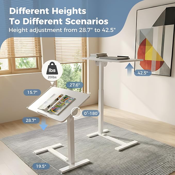 DUMOS Standing Desk on Wheels Height Adjustable Computer Cart with Pneumatic Lift, Rolling Table, Portable Workstation for Bed, Sofa, Hospital or Office White