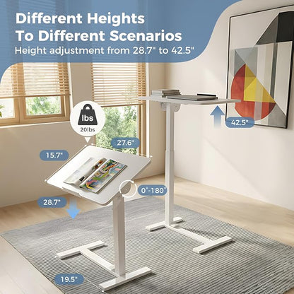DUMOS Standing Desk on Wheels Height Adjustable Computer Cart with Pneumatic Lift, Rolling Table, Portable Workstation for Bed, Sofa, Hospital or Office White