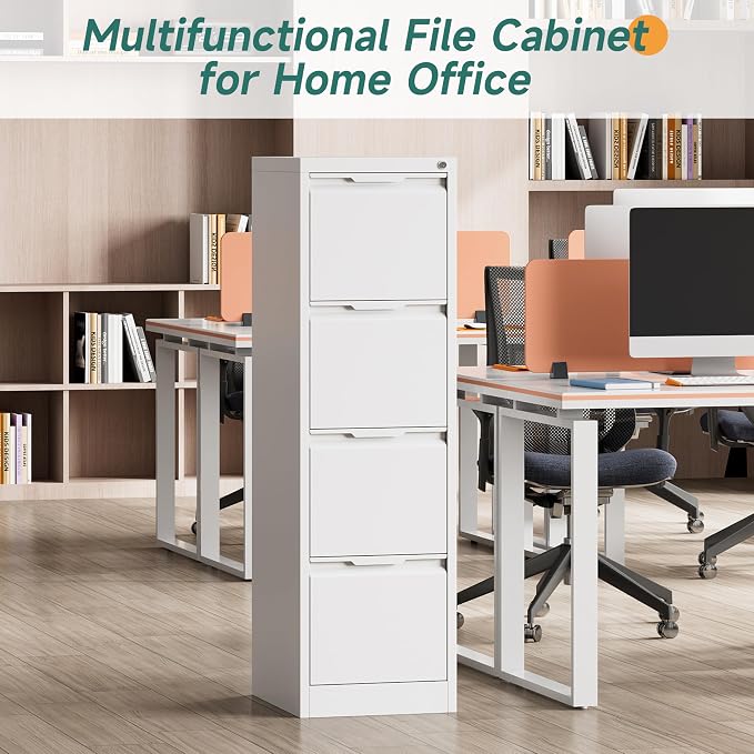 4 Drawer File Cabinet, Vertical Filing Cabinets for Home Office, 17.8" d Metal File Cabinets with Lock, White Deep File Cabinets for Legal/Letter Size File, Easy Assembly