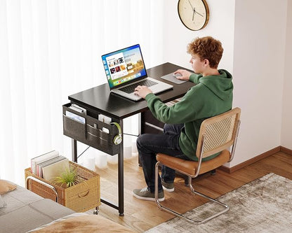 AODK 32 Inch Small Computer Desk with Fabric Drawers, Kids Study Desk for Bedroom, Home Office Desk with Storage Shelf & Bag for Small Space, Black