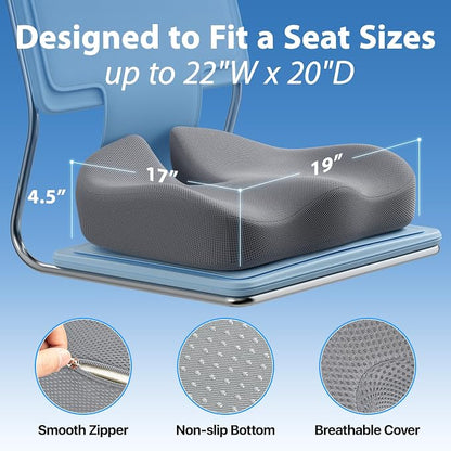 CJACSOC Seat Cushion, Extra Large Memory Foam Cushion for Office Chair Cushions, Ergonomic Cushions Pad Pillow for Pressure Relief Sciatica & Pain Relief for Long Sitting, Grey