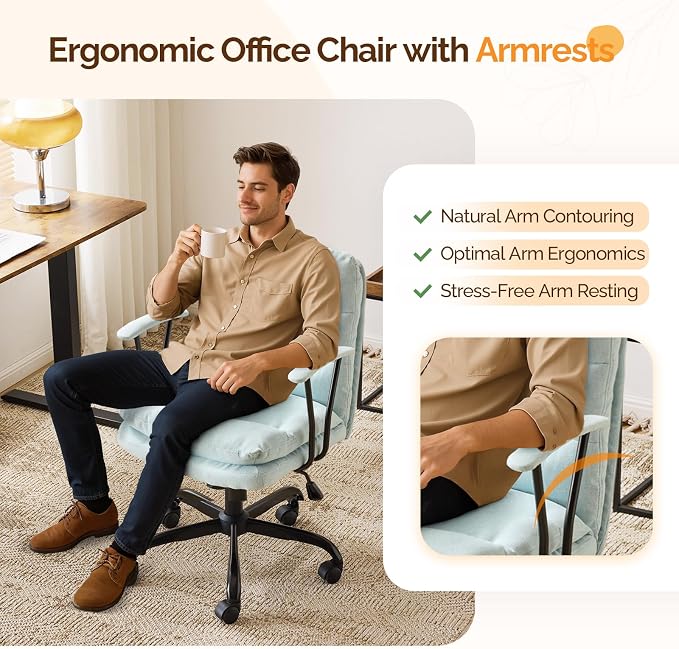 VINGLI Comfortable Office Desk Chairs with/No Wheels,Dual-Base,Removable Armrests,Adjustable Comfy Rolling Swivel Computer Task Nail Chair for Office,Sewing,Makeup Vanity,Teen,Linen Fabric,Mint Green