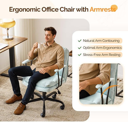 VINGLI Comfortable Office Desk Chairs with/No Wheels,Dual-Base,Removable Armrests,Adjustable Comfy Rolling Swivel Computer Task Nail Chair for Office,Sewing,Makeup Vanity,Teen,Linen Fabric,Mint Green