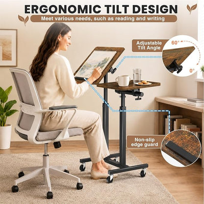 Elowen Double-Pole Portable Rolling Laptop Standing Desk with Wheels, Large-Size Tilting Overbed Bedside Table, Mobile Adjustable Height Computer Workstation for Office Home Use
