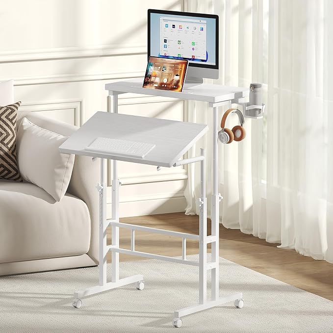 DUMOS Split Top Rolling Standing Desk 23.6 Inch Mobile Laptop Workstation Manual Height Adjustable Sit Stand Office Table Walking Pad Study Surface Portable Home Office Computer Cart White