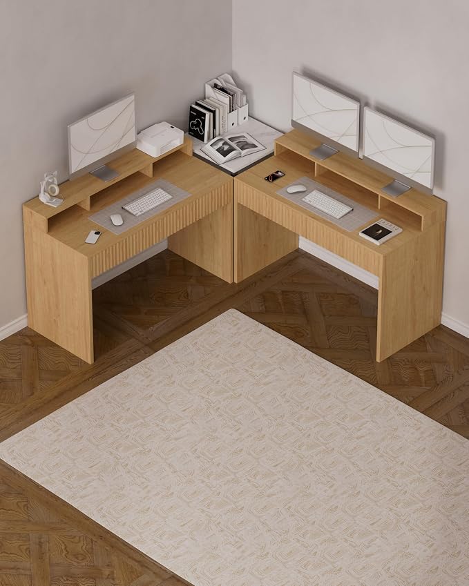 47" Executive Desk with Fluted Drawer, Modern Home Office Desk with Long Monitor Stand and 2 Drawers, Computer Writing Desk for Study Office Vanity, Natural Oak