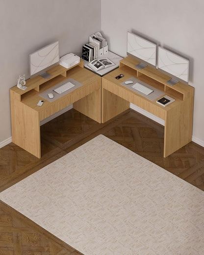 47" Executive Desk with Fluted Drawer, Modern Home Office Desk with Long Monitor Stand and 2 Drawers, Computer Writing Desk for Study Office Vanity, Natural Oak