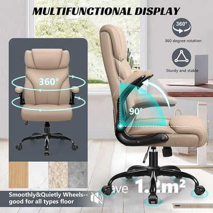 HeroSet Office Chair, Ergonomic Big and Tall Computer Desk Chairs, Executive Breathable Leather Chair with Adjustable Flip-up Armrests, Lumbar Support Swivel PC Chair with Rocking Function,Khaki