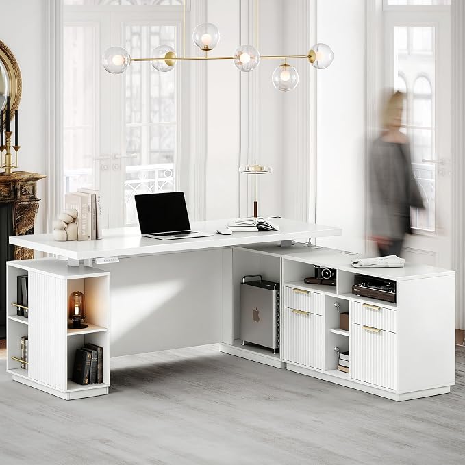 70 Inch Executive Standing Desk with File Cabinet, L Shaped Electric Height Adjustable Desk with AC/USB and Privacy Panel, Computer Corner Table for Home Office, White