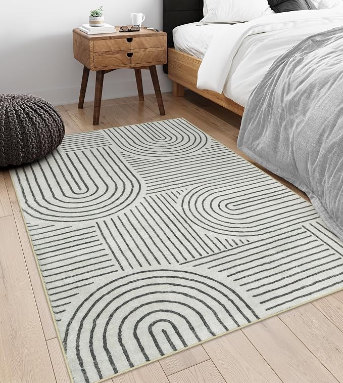 Lahome Abstract Bedroom Rug, Soft 4x6 Rug Ultra-Thin Washable Area Rugs for Living Room, Modern Black Rug Non-Slip Throw Carpet for Entryway Office Kitchen Darrell(4'x6',Black)