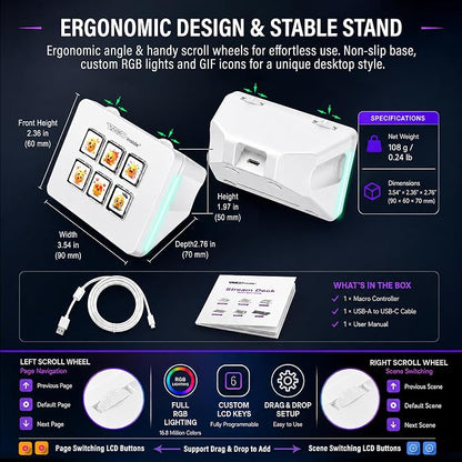 Mini Stream Controller Deck, Gaming Streaming Macro Pad Keypad, Shortcut Keyboard with 6 Programmable LCD Keys, Customizable Icons & RGB Light, USB Soundboard for Video Editing, OBS, PC, Mac