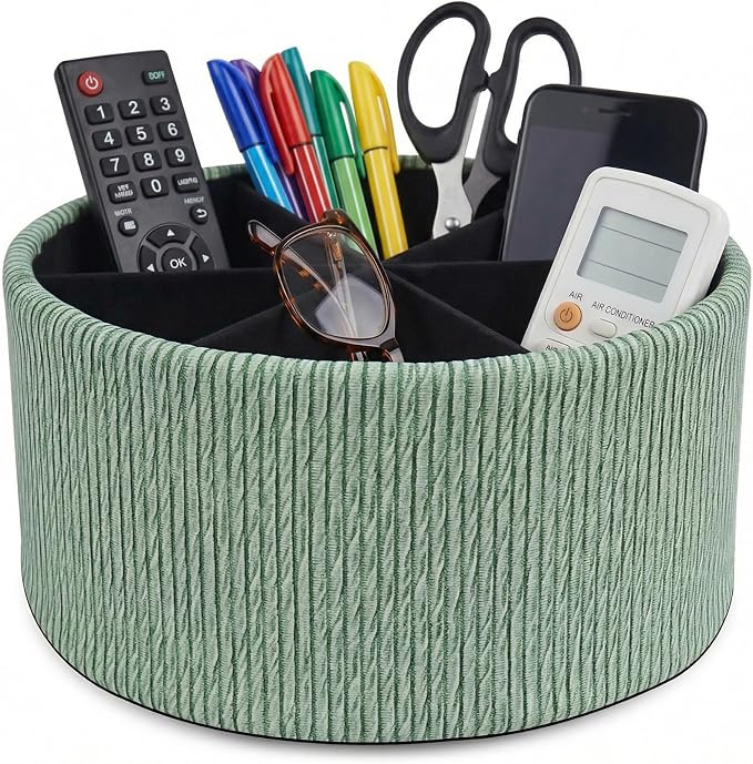 Remote Control Holder, 360°Spinning PU Leather Desk TV Remote Caddy,Desk Storage Box Room Accessories for Controller, Media,Mail,Calculator, Mobile Phone,Pencil(1-Big Wood Green)