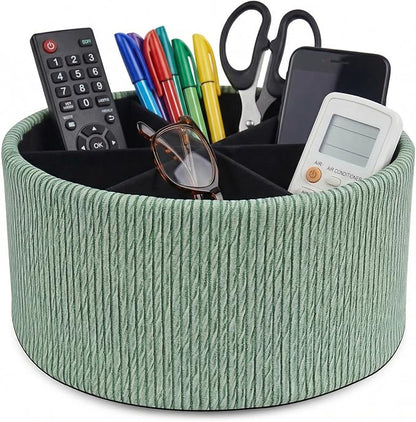 Remote Control Holder, 360°Spinning PU Leather Desk TV Remote Caddy,Desk Storage Box Room Accessories for Controller, Media,Mail,Calculator, Mobile Phone,Pencil(1-Big Wood Green)
