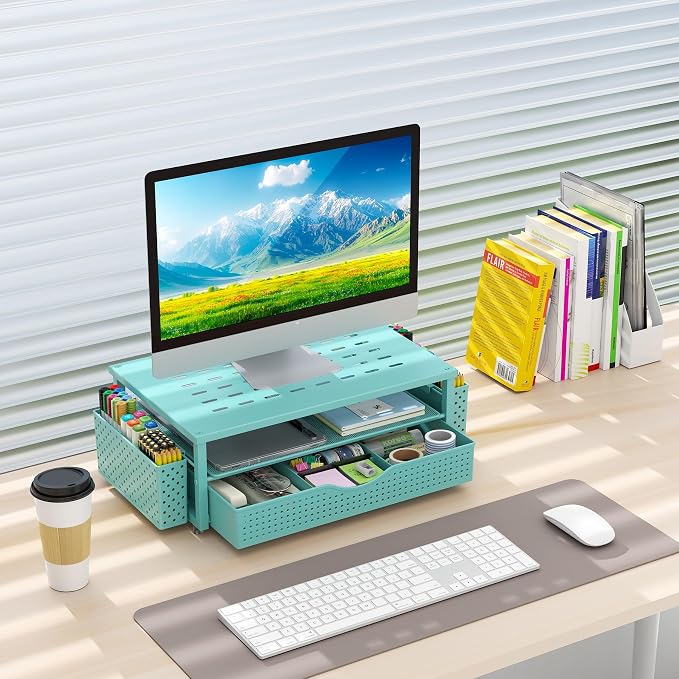 gianotter Desk Organizers and Accessories, Monitor Stand with Drawer and 2 Pen Holder, Desktop Organizer Suitable for Offices and Dormitories (Blue)