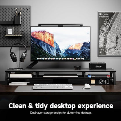 Dual Monitor Stand Riser for Desk, 41.7 Inch Large 2 Tier Computer Monitor Stand for 2 Monitors, Desktop Storage Organizer Shelf with Keyboard Space for Laptop PC Printer, Black