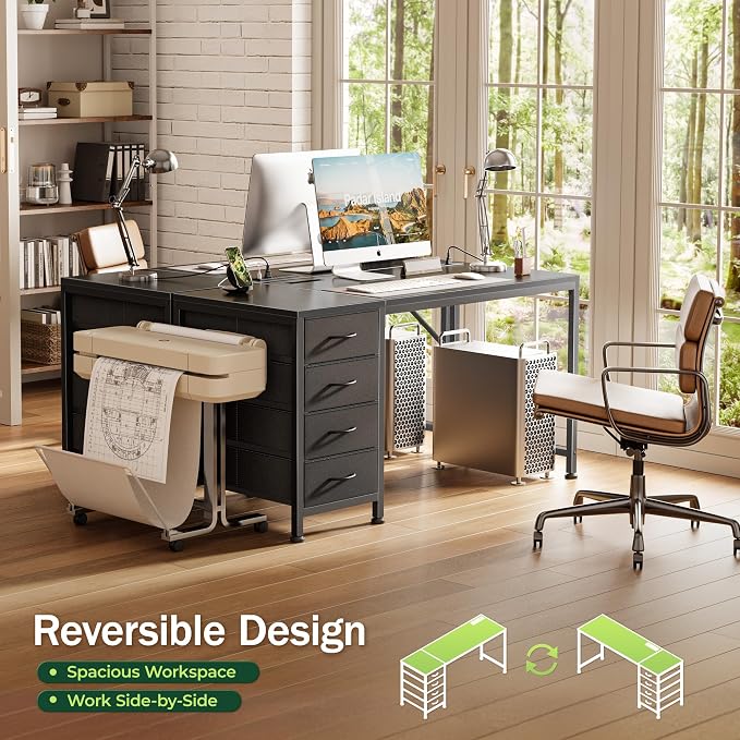 PRAISUN 47.2Inch Computer Office Desk with Power Outelts and USB-C Port, Reversible Gaming Desk with 4 Fabric Drawers, Work Study Desk Work from Home, Black
