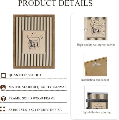 Western Cowboy Dog Wall Art - Framed Canvas Wall Decor for Living Room, Bedroom & Nursery, Vintage Animal Sketch in Wood Frame, Cute Dog with Hat Picture, Farmhouse Style 12x16 inch