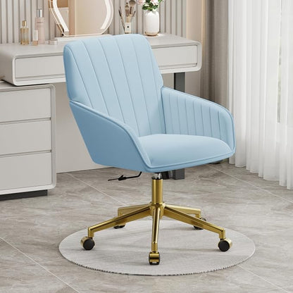 YISHENG Velvet Office Desk Chair with Gold Base, with Wheels,Modern Height Adjustable 360 Degree Swivel Upholstered Vanity Chairs with Arms for Living Room Bedroom,Sky Blue