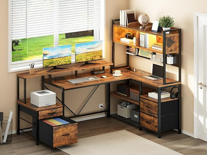 RALGEND 75" L Shaped Gaming Desk with Drawers, Computer Corner Desk with Storage Shelves for Home Office, Gaming Desk with Monitor Stand, Hutch, LED Light & Power Outlet, Rustic Brown and Black