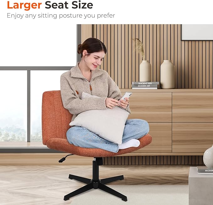 NEO CHAIR Criss Cross Chair No Wheel Vanity Desk Chair Wide Armless Cross Legged Office Comfy Makeup Adjustable Computer Task for Home Office Fabric (Brown)