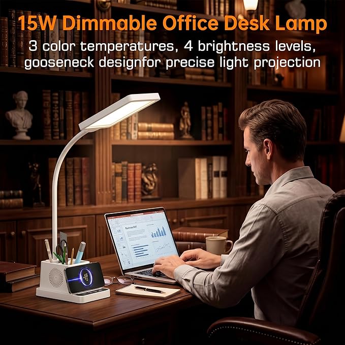 cozoo LED Desk Lamp for Home Office, Desk Light with 15W Wireless Charger Pen Holder, 12 Lighting Modes Desk Lamp for Bedroom, Small Table Lamp for College Dorm, Study, Craft, Nail, White