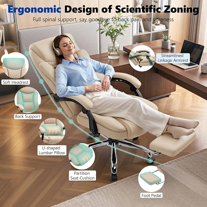Big and Tall Office Chair 400lbs - Wide Memory Foam Seat with Lumbar Support, Reclining Executive Desk Chair with Footrest, Ergonomic Heavy Duty High Back Computer Chair, Khaki