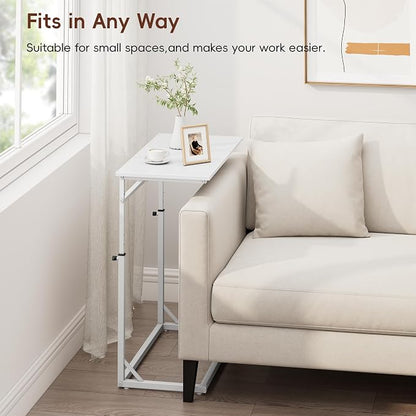Vagusicc C Shaped End Table, Tall Side Table for Couch, C-Table End Table Adjustable Height Side Table, Large Surface Sofa Table TV Tray, Slide Under Couch Table for Sofa, Living Room, Bedroom, White