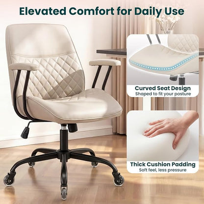 NEO CHAIR Ergonomic Leather Office Desk Chair with Adjustable Armrests Mid Back Lumbar Support Swivel Executive Computer Chair with Wheels Comfy Home Office Chair for Adults (Ivory)